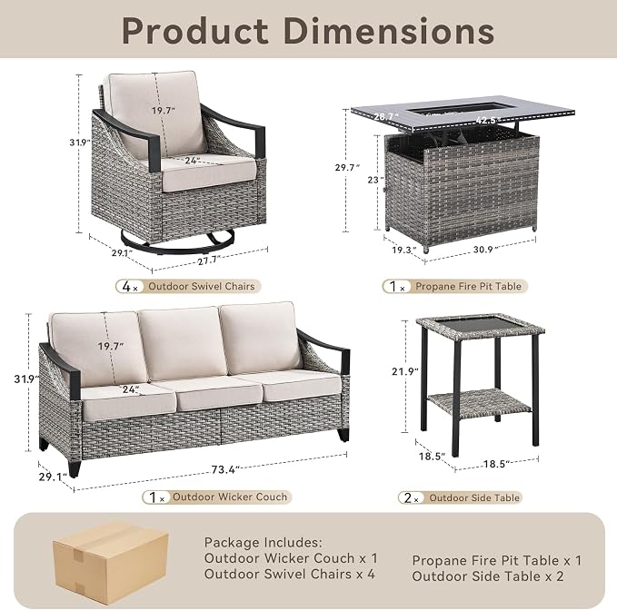 Patio Furniture Set with 42.5" Fire Pit Table-8 Pieces All Weather Wicker Outdoor Furniture with High Back Swivel Patio Chairs Set of 4 Outdoor Patio Conversation for Deck Garden Beige/Gray