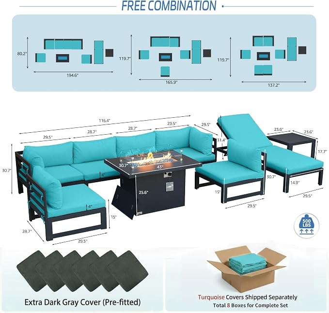 NICESOUL 9 Pcs Oversized Modern Aluminum Patio Furniture Set, All Weather Modular Sectional Sofa with Lounge Chair & Fireplace, 500 lbs Heavy Duty Comfortable Outdoor Couch for Poolside Backyard, Teal