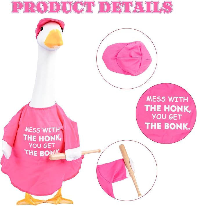 CAMDUCK Funny Porch Goose Outfit for 23 Inch Goose Statue, Mess with The Honk You Get The Bonk Goose Clothes, Decorative Lawn Geese Costume Clothing for Outdoor Decor (Pink)