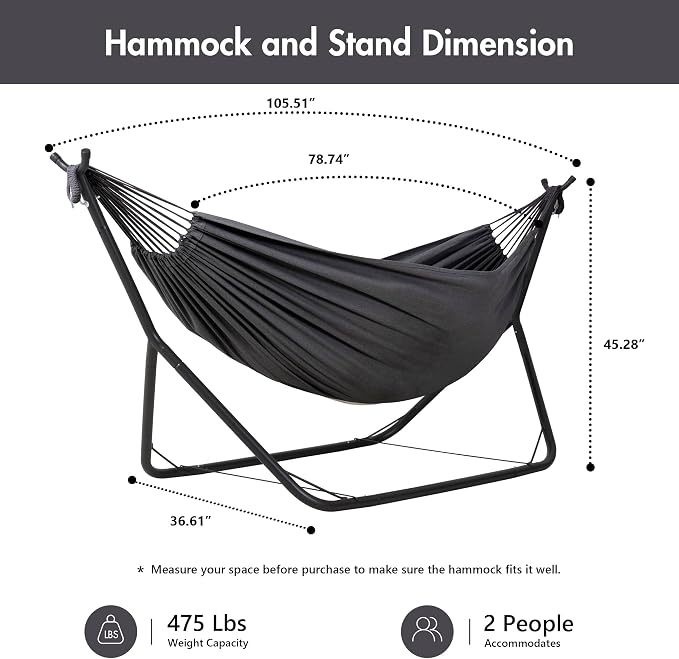 ANOW Heavy-Duty Hammock with Stand for Outside, Space Saving Steel Stand with Adjustable Height, 475 Lbs Capacity, Dark Gray