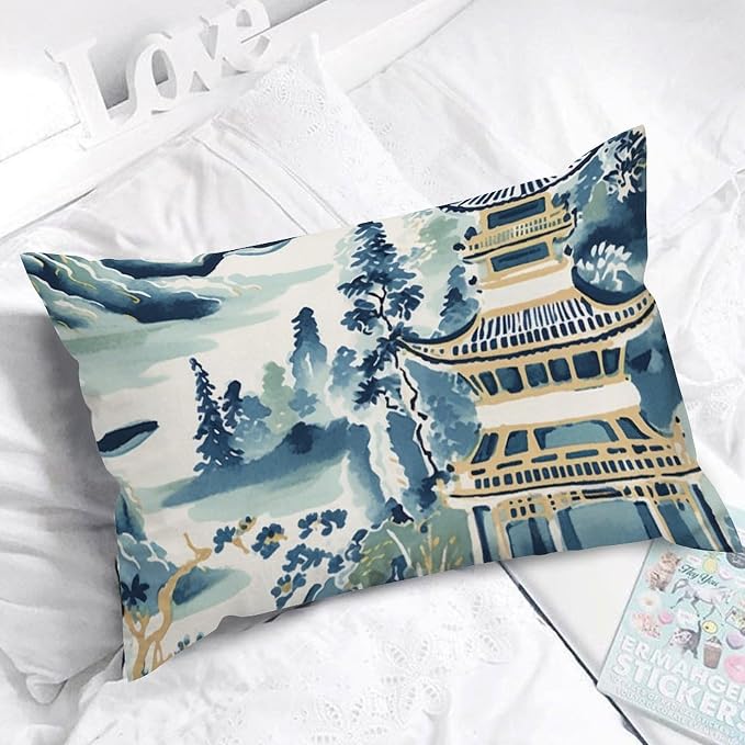 Lumbar Pillow Cases Blue and White Chinoiserie Pagoda Asian Cushion Cases Modern Ming Rain Chinoiserie Pillow Cover Accent Outdoor Garden for Sofa Couch Bed Indoor Decor 16x26in