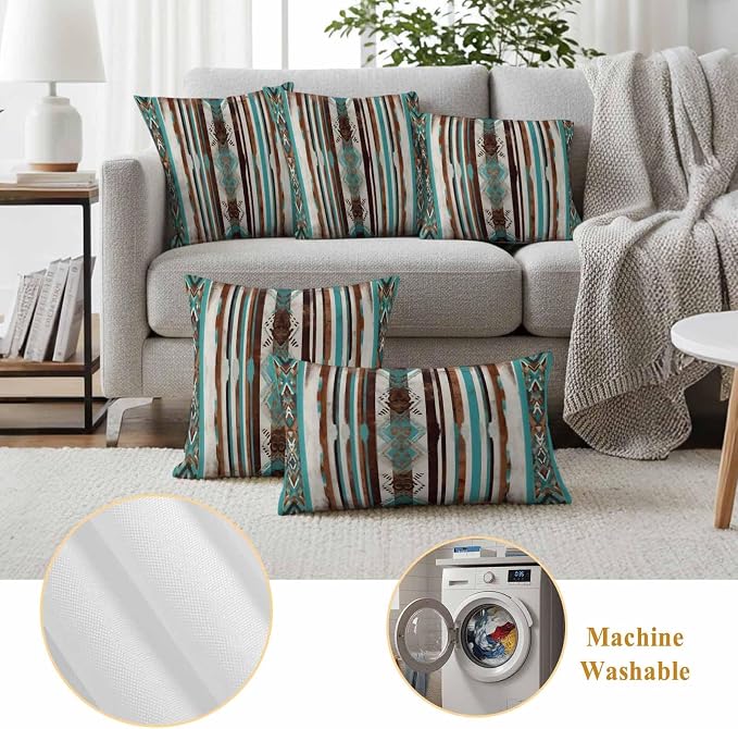 Ethnic Tribal Diamond Outdoor Pillow Covers 26"x26" Set of 2, Boho Abstract Teal Brown Stripes Diamond Waterproof Throw Pillow Covers for Patio Furniture, Decorative Cushion Covers for Porch