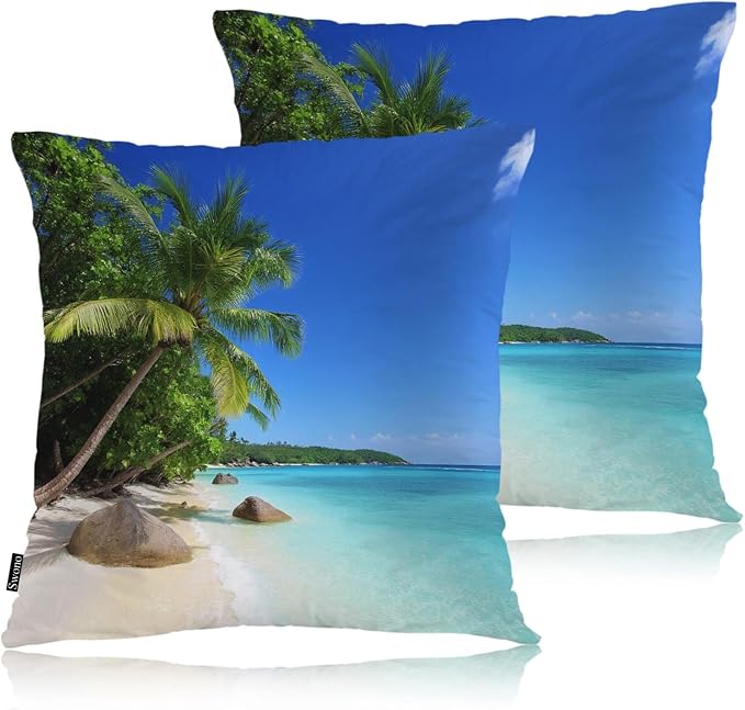 Swono Throw Pillow Covers Ocean Beach, Tropical Ocean Sea Palm Trees Accent Cushion Covers Decorative Pillowcase for Men Women, Livingroom Sofa Bed Pillows Covers, 18x18 Inch, Set of 2