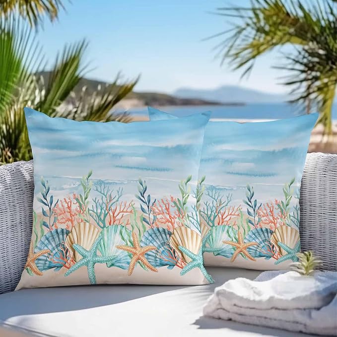 Throw Pillow Covers 26x26 Inch Set of 2, Summer Nautical Waterproof Outdoor Pillow Covers, Coastal Beach Starfish Coral Shell Blue Decorative Cushion Pillowcases for Couch, Sofa, Bed, Garden, Patio
