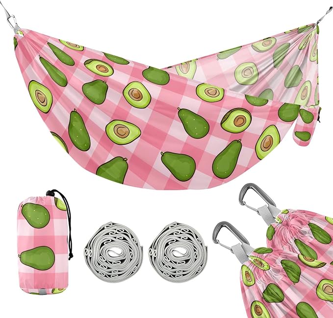 Camping Hammock Outdoor Hammocks for Outside Avocado Pink Checkered Beach Trees Portable Lightweight with Pockets Tree Straps Indoor
