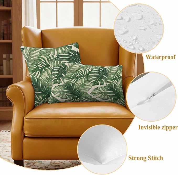 Green Tropical Leaves Waterproof Outdoor Pillow Covers Set of 2 Home Decor, Farmhouse Summer Leaf Plants Pillowcase Patio Pillow Covers for Couch Bench Furniture Garden 18x18in