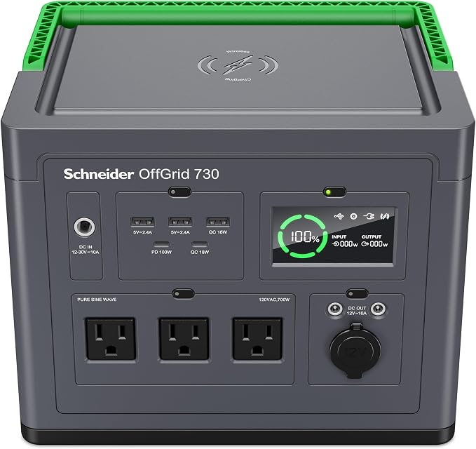 Schneider OffGrid 738Wh Portable Power Station, PPS730 Portable Solar Generator with Wireless Charging Pad, for Camping or Home