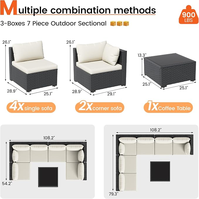 Patio Furniture Set, 7-Piece Outdoor Sectional All-Weather Wicker Patio Conversation Set for Backyard, Garden, White