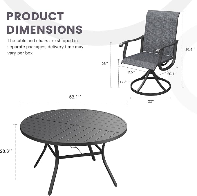 7 Pieces Patio Furniture Dining Set, 6 Textilene Swivel Dining Chairs, 53" Outdoor Round Metal Table with 1.57" Umbrella Hole, Outdoor Dining Set for Porch, Lawn, Garden, Black/Black