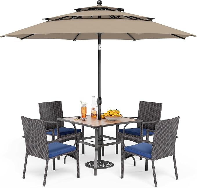 PHI VILLA 5pc Patio Dining Set with Umbrella, Square Table, Rattan Chairs | Includes 37" square metal table, 4 cushioned rattan chairs, and 10ft beige umbrella. Perfect for patio, deck, yard, or porch
