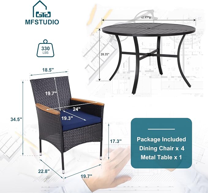 MFSTUDIO Patio Dining Sets for 4, Patio Table and Chairs Set, Outdoor Metal Round Table with Wicker Chairs, Rattan Outdoor Dining Furniture for Deck, Porch