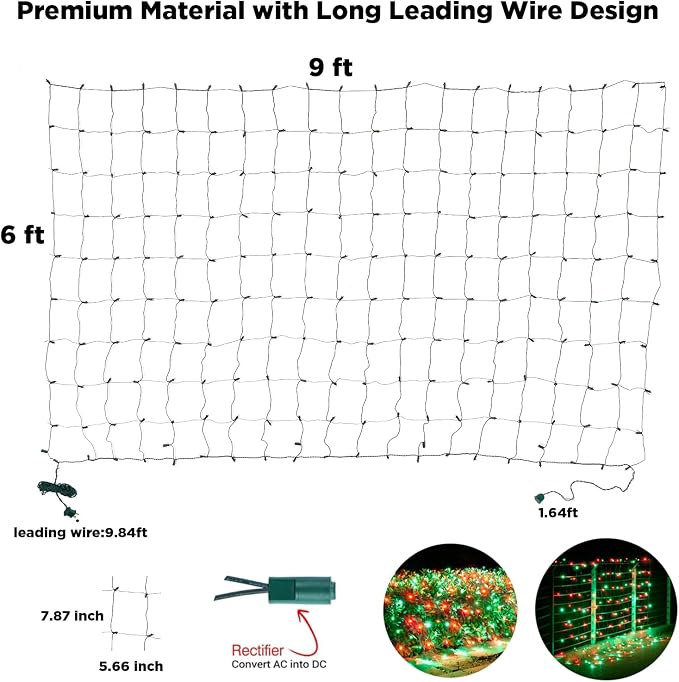Led Net Lights Christmas Lights Outdoor 200Led 9ftx6ft Upgraded Red and Green Christmas Net Lighting, Waterproof 5mm LED Wide Angle Outdoor Indoor Mesh Net Light for Trees, Bushes, Shrubs Decorations