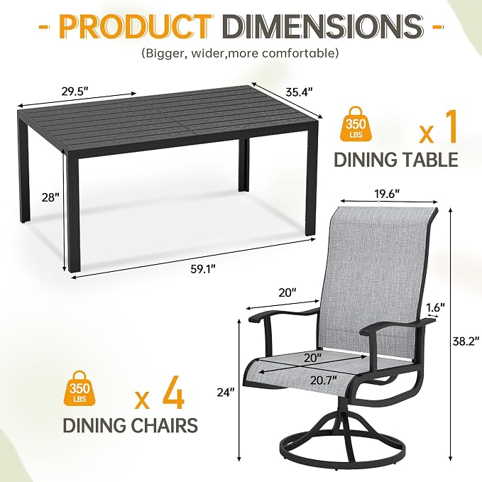 PIZZELLO 5-Piece Outdoor Patio Dining Set with 4 Swivel Patio Chairs and 59"x 35" Rectangular Dining Table, All Weather Patio Dining Furniture Set for Backyard, Garden, Deck and Poolside