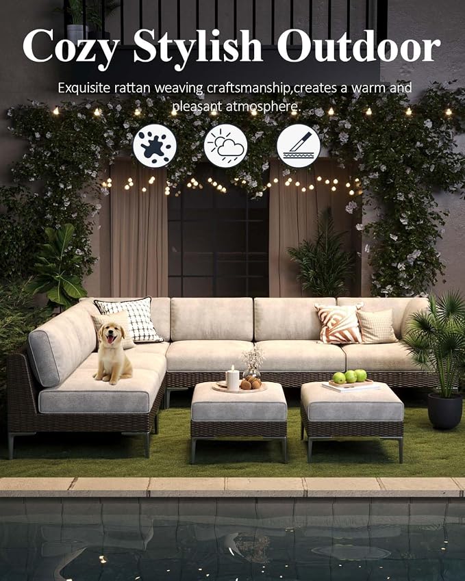 LayinSun 5-Piece Wicker Rattan Patio Furniture Set, Deep Seating Outdoor Modular Sectional Sofa Conversation Set with Thick Cushions for Lawn, Garden
