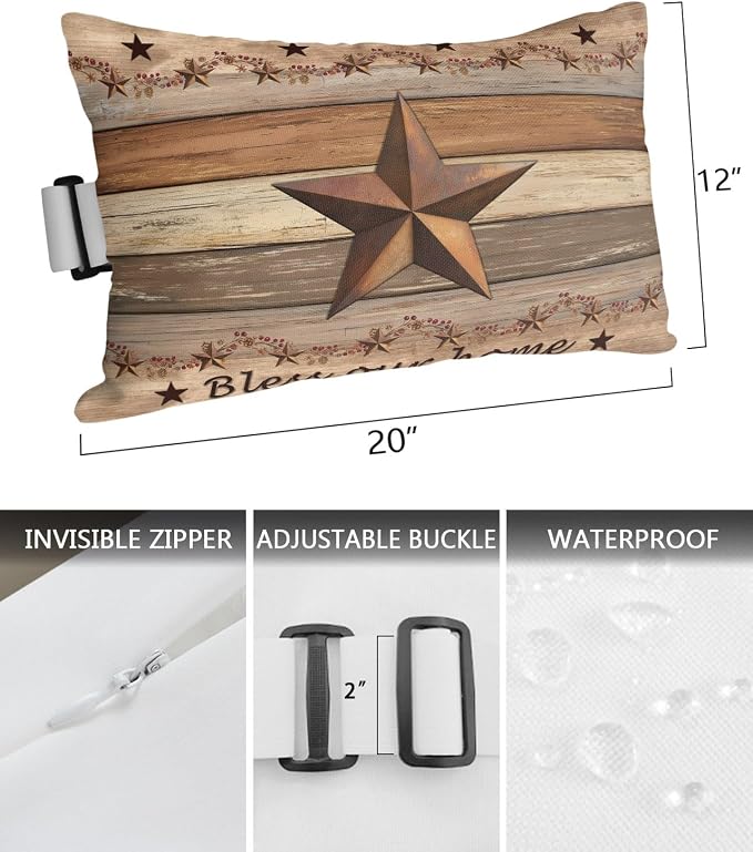 Western Texas Star Retro Outdoor Pillows for Chaise Lounge Chair Lumbar Pillows with Insert&Adjustable Strap Beach Headrest Pillow Vintage Farmhouse Berry Brown Wood Neck Pillow for Pool 12"x20"