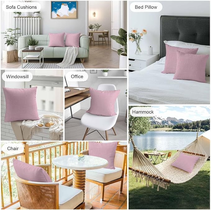 Pack of 2 Waterproof Outdoor Pillow Covers 16x16 Inch Decorative Pillow Covers Pink Burlap Texture Throw Pillowcases Farmhouse Vintage Pink Outdoor Cushion Cover for Couch, Patio, Tent
