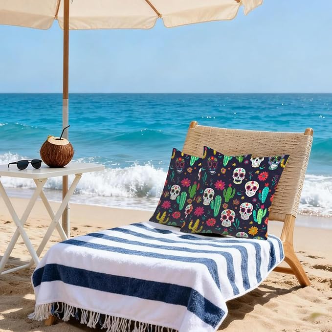 16x16 Inch Outdoor Pillow Covers Set of 2 Waterproof Throw Pillow Covers Decorative Couch Cushion Covers Mexican Skulls Cacti Flowers Square Pillowcases Protectors for Patio Garden Sofa