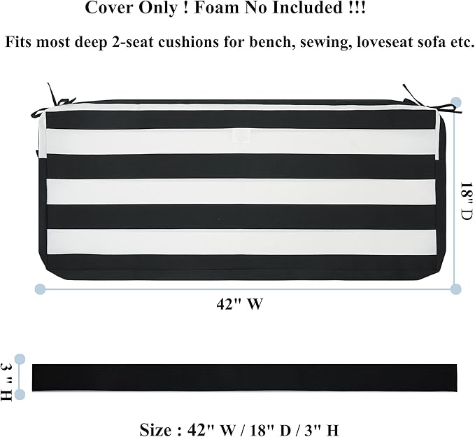 FUNHOME Outdoor Cushion Covers,42" x 18" x 3", No Insert! Patio Cushion Covers Replacement for Outdoor Furniture,Water Resistant Patio Bench Loveseat Covers 1 Pack, Black White Stripe(Covers ONLY)