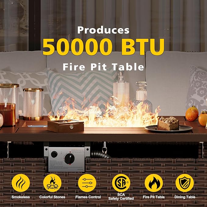 Aoxun Patio Furniture Set with Fire Pit Table, 12 Piece Outdoor Sectional Sofas, 10 Seats Wicker Outdoor Furniture with Thickened Cushion for Backyard, Garden (Brown Rattan Beige Cushions)