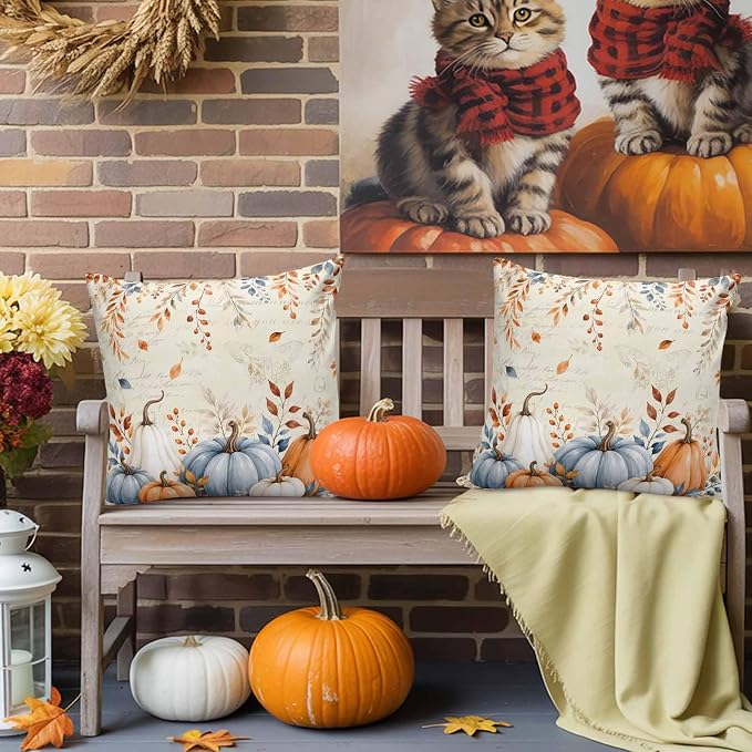 Orange Blue Pumpkins Fall Throw Pillow Covers 16x16 Inch Set of 2, Thanksgiving Waterproof Outdoor Pillow Covers, Eucalyptus Vintage Decorative Cushion Pillowcases for Couch, Sofa, Bed, Garden, Patio