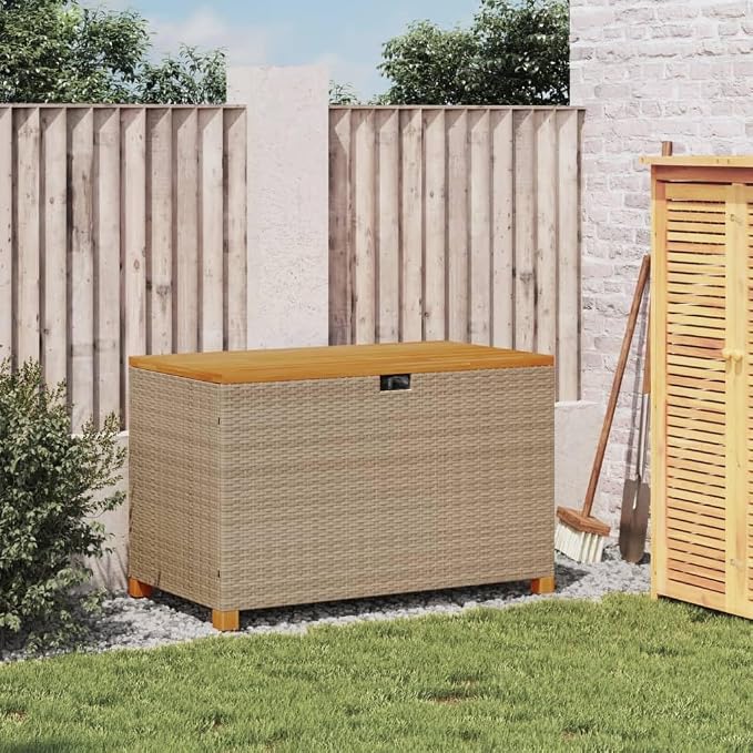 Patio Storage Box Beige 43.3"x21.7"x24.8" Poly Rattan Acacia Wood,Garden Storage Box with Bench Durable PE Rattan and Acacia Wood for Outdoor Patio Patio Storage Boxes
