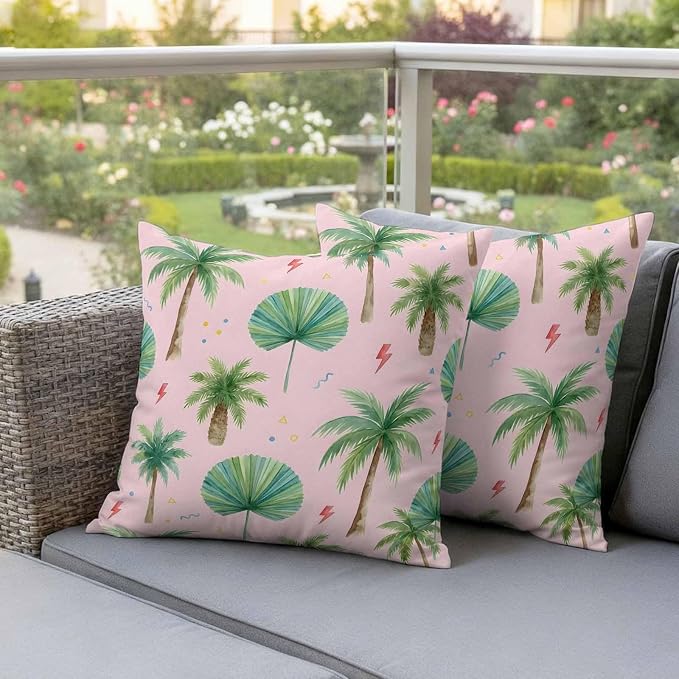 Yukro Tropical Palm Tree Outdoor Waterproof Pillow Covers Pack of 2, Lightning Summer Pink Boho Throw Pillowcases Decorative Cushion Covers for Garden Patio Tent Sofa Couch, 16x16 inch