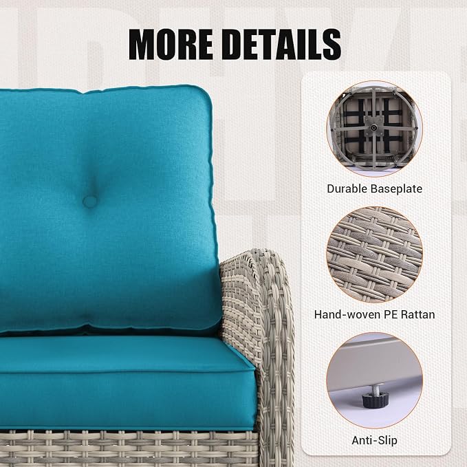 15-Piece Outdoor Patio Furniture Set with Rocking Swivel Chair, Wicker Rattan Sectional Sofa Conversation Set with Tempered Glass Table with Ottomans, Backyard Furniture, Turquoise