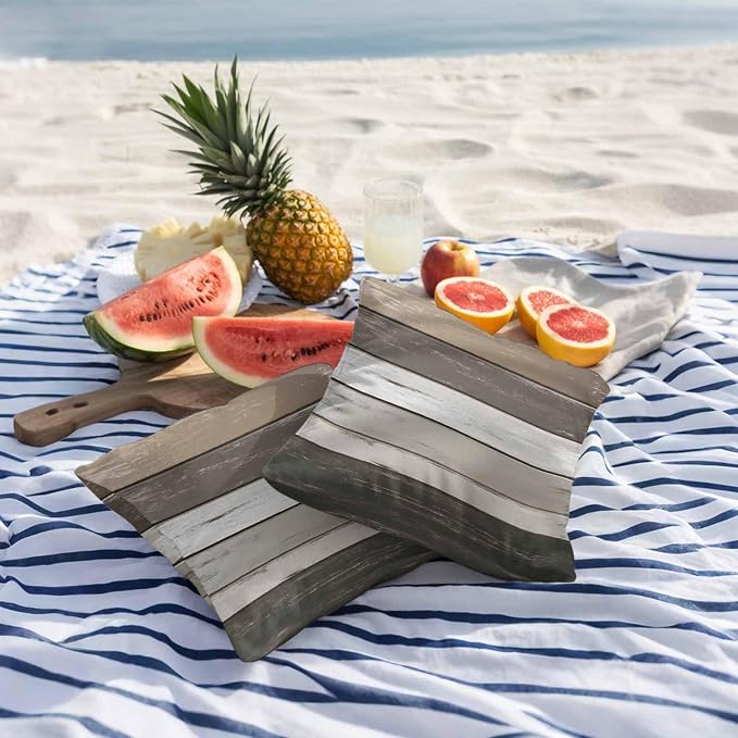 Outdoor Waterproof Pillow Covers Gray White Stripes Pack of 2 Lumbar Pillow Cover Wood Background Decorative Cushion Pillowcases for Patio Couch Bench Garden 16 x 16 Inches
