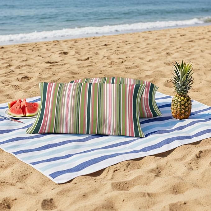Outdoor Waterproof Throw Pillow Covers Set of 2 Sage Green Striped Lumbar Pillowcases 20x12 Inches Geometric Pink Stripes Decorative Pillows Cushion Case Patio Pillows for Couch Bed Chair Garden
