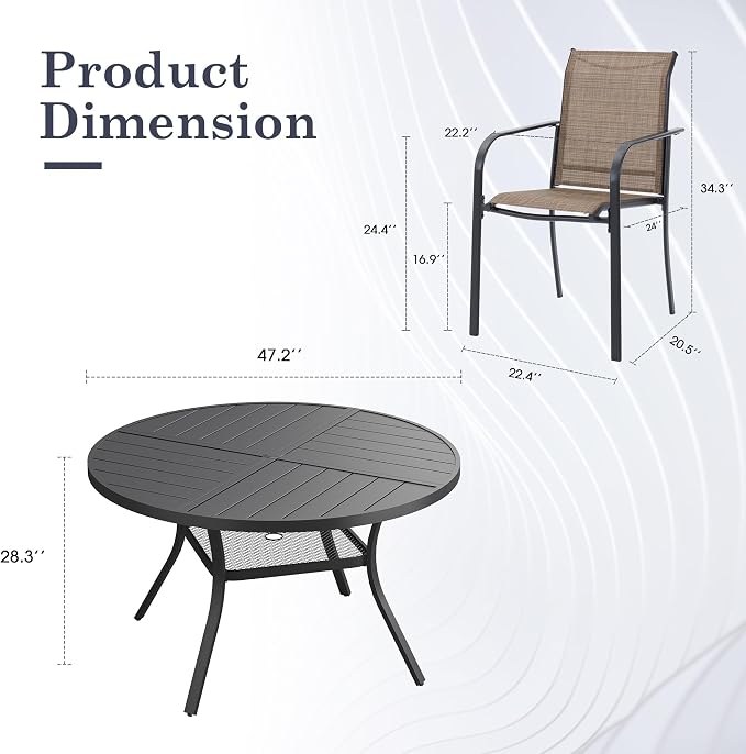 7 Pieces Outdoor Dining Set, Stackable Textilene Paito Chairs & 47.1" Round Dining Table with Umbrella Hole and Shelf, Patio Dining Set for Backyard, Deck, Garden, Brown & Black