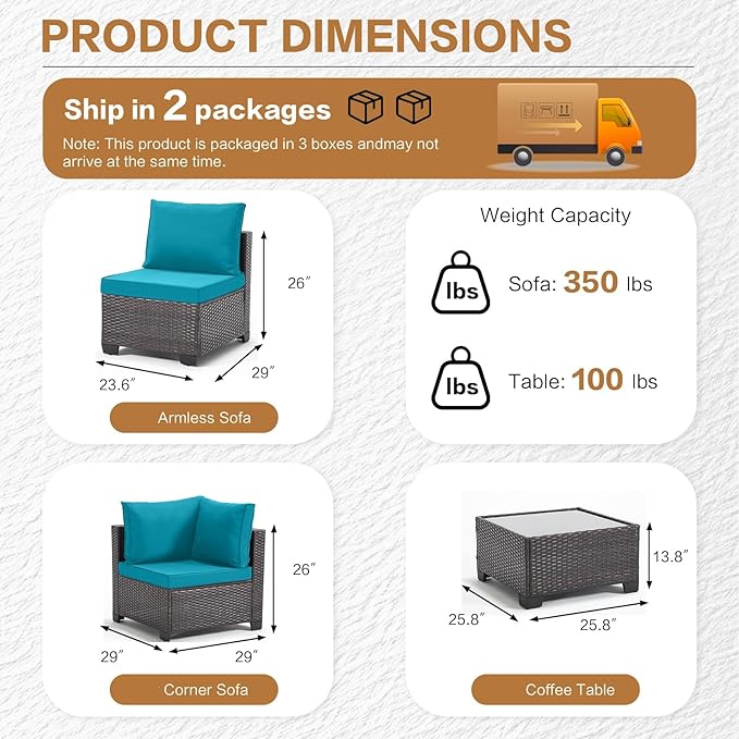 MOCHITO 5 Pcs Outdoor Patio Furniture Sets Brown Rattan Turk Blue Cushions | All-Weather Sectional Sofa, with Glass Table, PE Rattan Wicker Patio Furniture , Washable Cushions, for Balcony Porch Garden