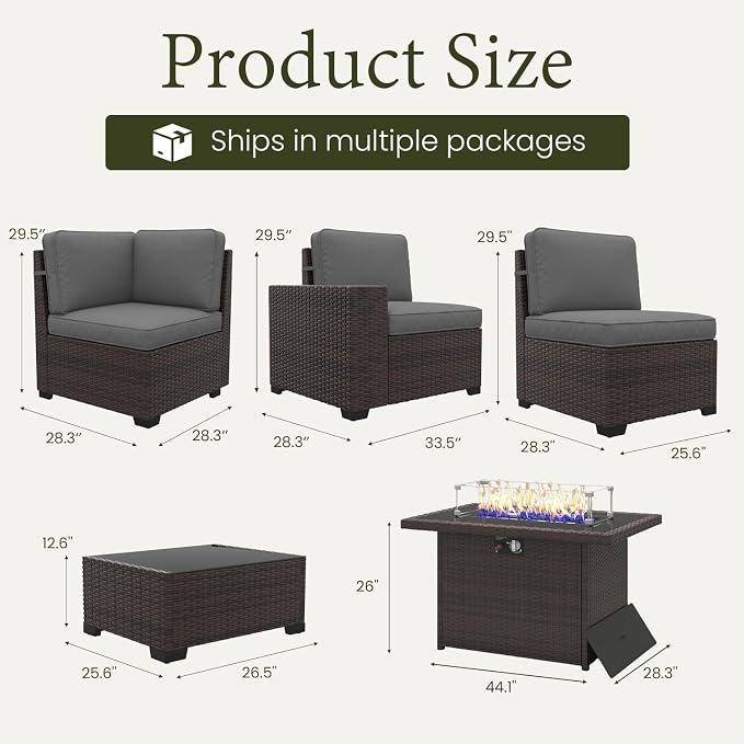 LayinSun 7 Pieces Outdoor Patio Furniture Set with 44" Fire Pit Table Brown Rattan Sectional Sofa Conversation Sets