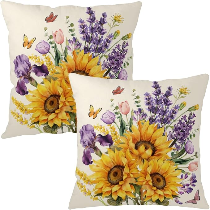 Butterfly Sunflower Pillow Covers Purple Lavender Flower Throw Pillow Covers 16x16 Spring Summer Iris Tulip Pillow Cases Retro Rustic Floral Cushion Cases for Sofa Couch 2 Pack