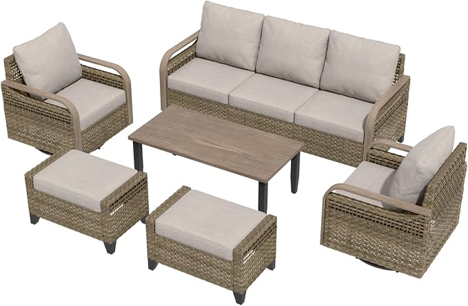 EAGLE PEAK Modern Wicker Outdoor Patio Furniture Set, Patio Conversation Set, 2 Swivel Rocking Chairs, 3-Seat Loveseat, 2 Ottomans and Coffee Table, 6 Pieces, Brown/Gray