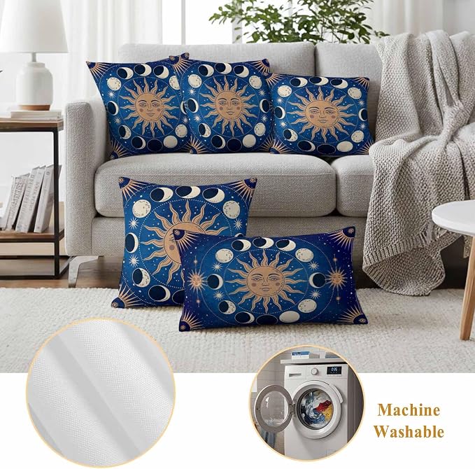 Celestial Sun and Moon Waterproof Outdoor Pillow Covers Set of 2 Home Decor, Blue Starry Galaxy Boho Lumbar Pillowcase Patio Pillow Covers for Couch Bench Patio Furniture Garden 20x20in