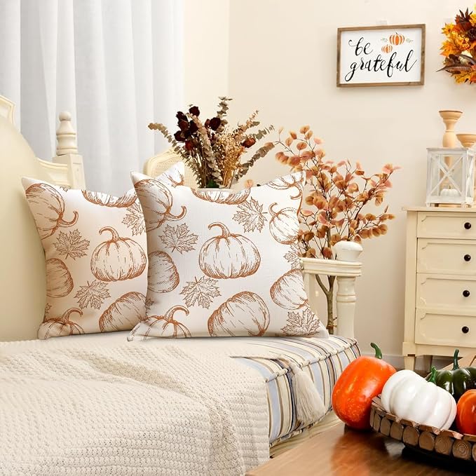 RABUSOFA Fall Pillow Covers 20x20 Inch Set of 2 Thanksgiving Autumn Outdoor Waterproof Pumpkin Maple Leaf Harvest Throw Cushion Cases Seasonal Fall Farmhouse Decorations for Home Couch Patio
