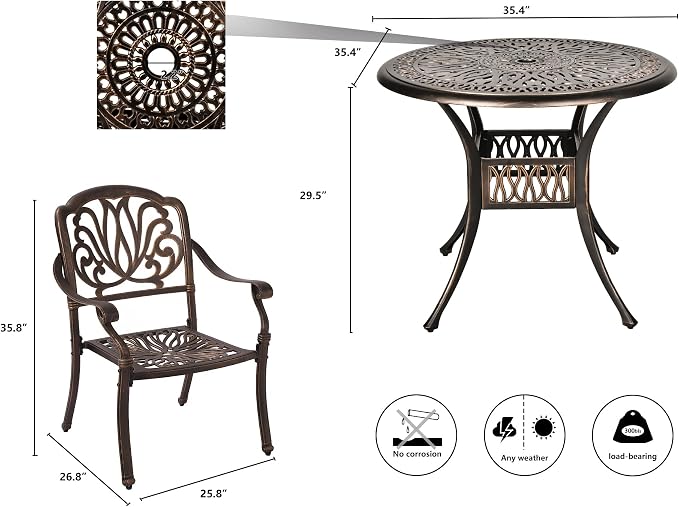 TITIMO 5-Piece Cast Aluminum Outdoor Patio Dining Set, 4 Pattern Chairs and 35.4" Round Table,Cast Aluminum Conversation Set with 2.2” Umbrella Hole (Without Cushions, 1 Round Table + 4 Chairs)