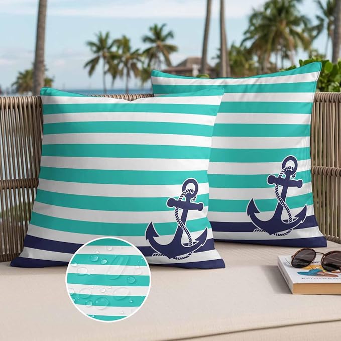 Throw Pillow Covers 20x20 Inch Set of 2, Anchor Turquoise Waterproof Outdoor Cushion Covers, Modern Navy Blue White Striped Nautical Decorative Pillowcases for Couch, Sofa, Bed, Garden, Patio