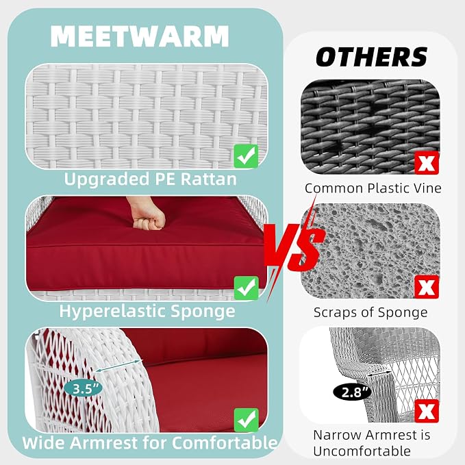 MEETWARM Outdoor Wicker Patio Glider Set, Loveseat for 2 Person Porch Furniture Glider with Glass-Top Coffee Table, Patio Glider Rocking Bench with Thickened Cushions, White Wicker/Red