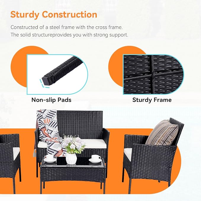 Patio Furniture Set, Outdoor Furniture Set 4 Pieces Patio Conversation Set PE Rattan Chair with Cushion Tempered Glass Table Garden Balcony Sets for Yard Pool Backyard Black/Beige