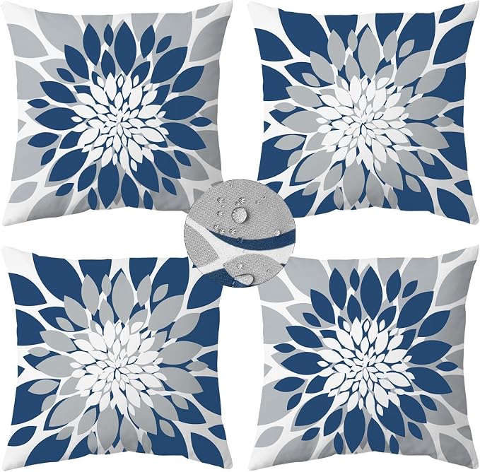 Pack of 4 Outdoor Waterproof Pillow Covers 24x24 Decorative Outdoor Throw Pillows Garden Square Cases for Patio Furniture, Couch, Tent Sunbrella, Bench, Blue Grey