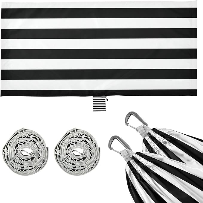 Black White Stripes Camping Hammock, Portable Lightweight Single Hammock with Tree Straps and Aluminum Carabiners, 114" x 54" Travel Hammock for Hiking Backpacking Beach