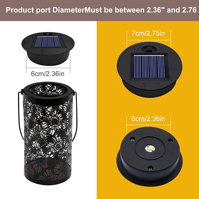 Solar Lights Replacement Top 2 Pack - 2.76 Inches Outdoor Replacement Solar Light Parts, LED Solar Lantern Light Lids, Waterproof Solar Lights Replacement Top Kit for Outdoor DIY Hanging Lanterns