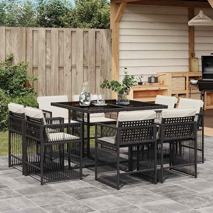 9 Piece Outdoor Dining Set for 8 People, Foldable PE Rattan Garden Furniture Table and Chairs, Patio Backyard Seating, Black and Cream