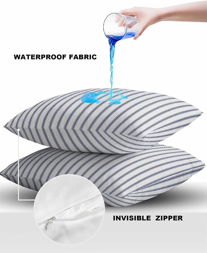 Outdoor Waterproof Throw Pillow Covers 24x24in, Modern Striped Cushions for Garden Patio Furniture Chairs Set of 2, Navy Blue White Home Decor Couch Sofa Polyester Pillow Cases