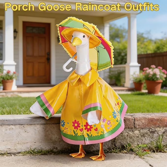 Raincoat Porch Goose Outfits, 3 Pcs Set Spring Summer Lawn Goose Statue Raincoat Clothes, Yard Gooses Costume Raincoats Umbrella Hat Outfit for 23" Statue Patio Garden Decoration