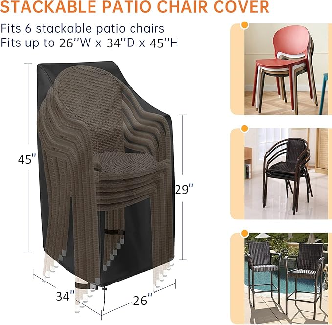 Patio Chair Covers, High Back Outdoor Chair Covers Waterproof, 600D Heavy Duty Lawn Outside Barstool Chair Covers,Fits for 4-6 Stackable Dining Chairs,26" W x 34" D x 45" H, 1 Pack
