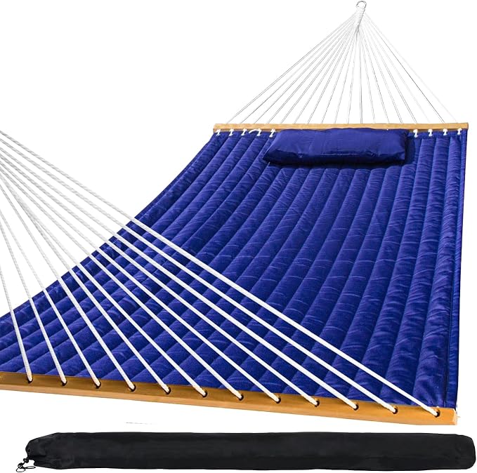 SZHLUX Outdoor Quilted Fabric Hammock with Spreader Bars and Detachable Pillow and Chains,Outdoor Patio Backyard Poolside, 450 LBS Weight Capacity Navy Blue