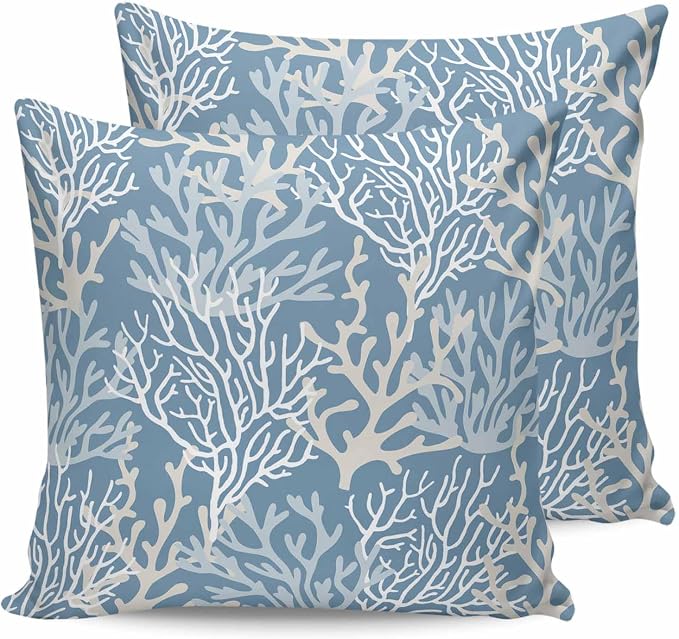 Outdoor Waterproof Throw Pillow Covers Set of 2 Teal Blue Coral Pillowcases 16x16 Inches Nautical Coastal Marine Life Patio Decorative Pillows Cushion Case Patio Pillows for Couch Bed Chair Garden