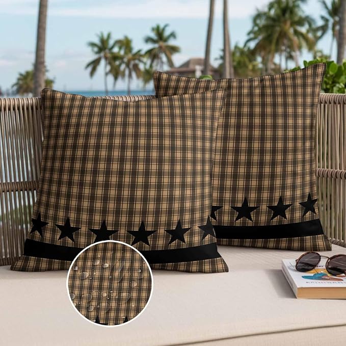 Brown Black Plaid Waterproof Outdoor Pillow Covers Set of 2 Home Decor Vintage Rustic Star Buffalo Check Pillowcase Patio Pillow Covers for Couch Bench Furniture Garden 16x16in